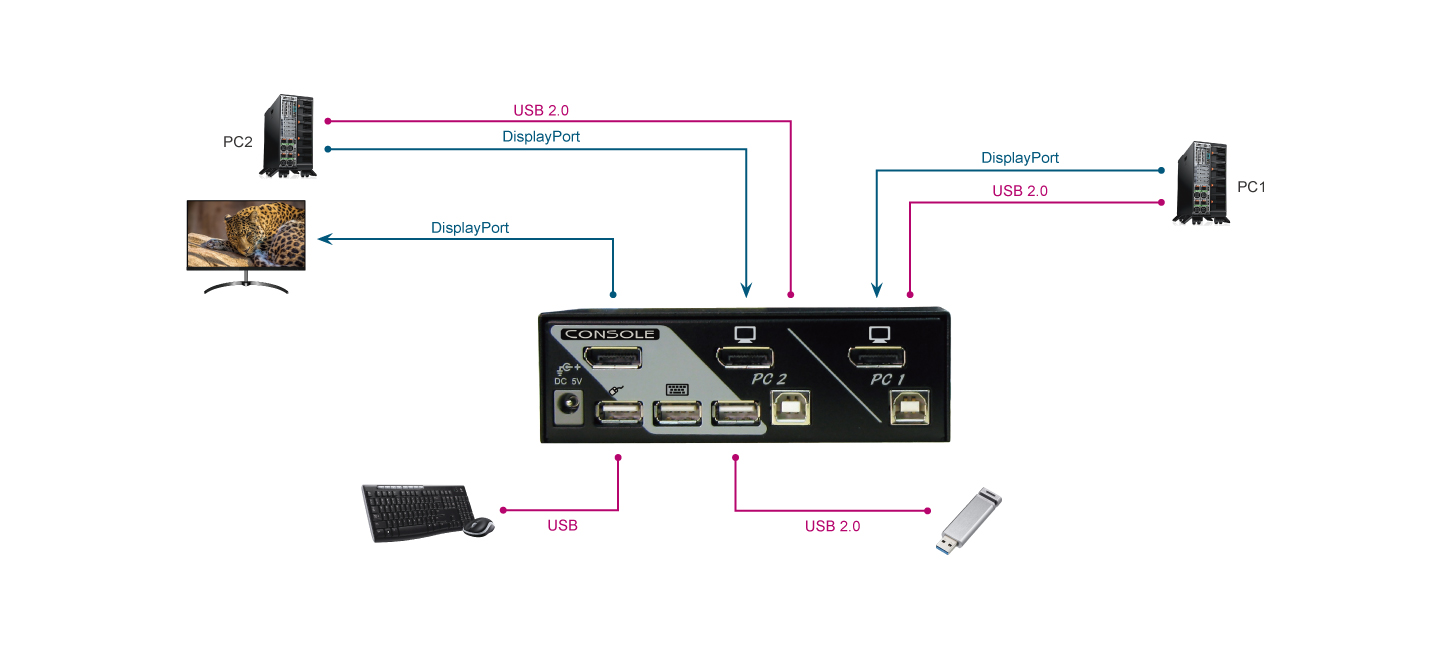 2 Port DP電腦切換器帶熱鍵切換及USB周邊分享連接圖