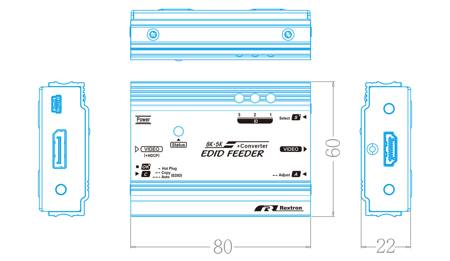 8K EDID Emulator Three-view drawing