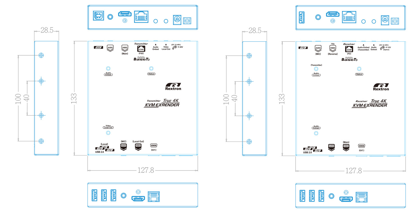 HDMI USB Extender over CAT6 Three-view drawing