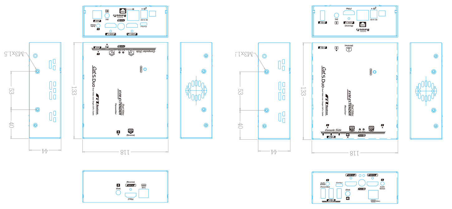 Dual Monitor USB HDMI Extender Three-view drawing