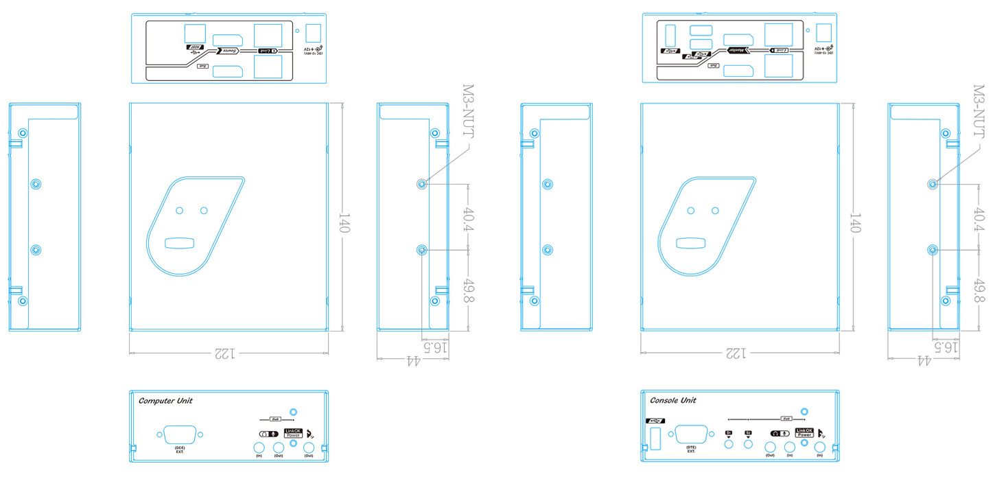 DP Dual Video KVM Extender Three-view drawing