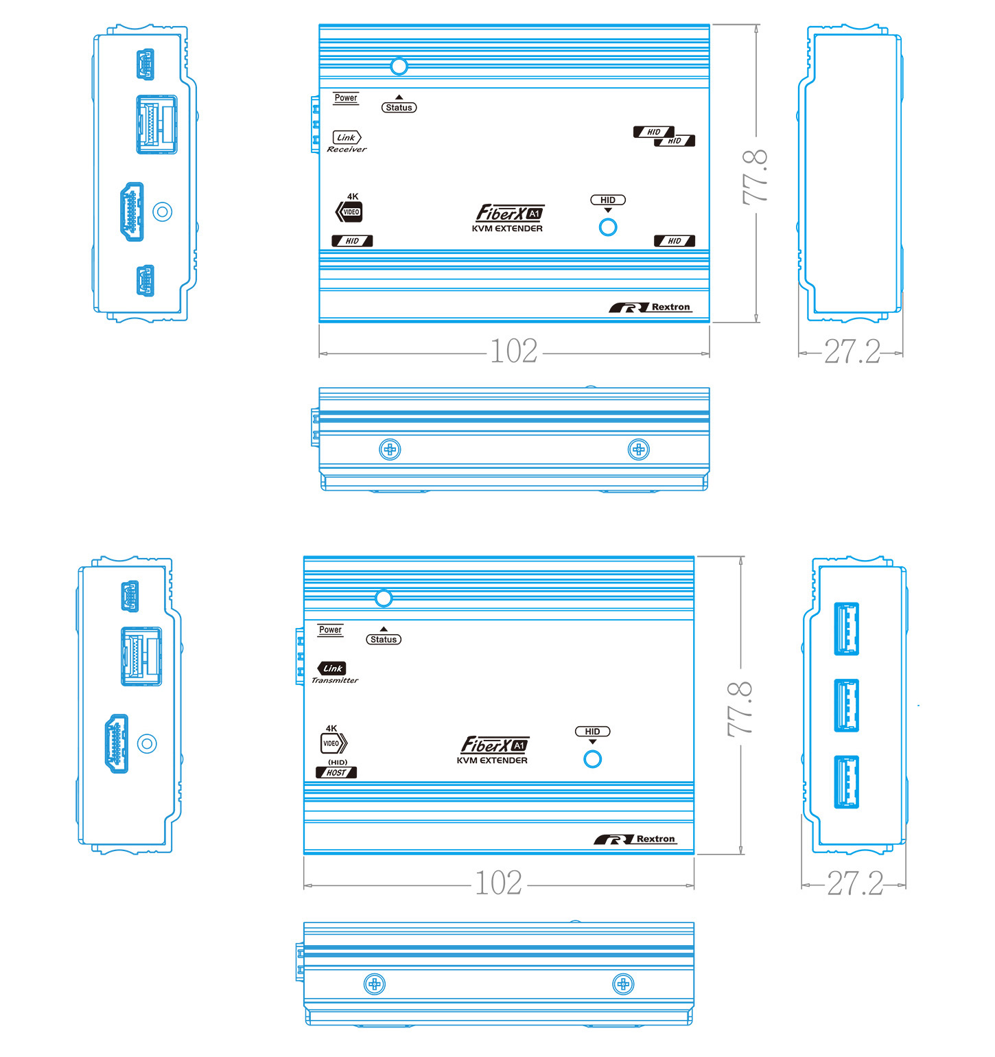 Fiber Optic KVM Extender Three-view drawing
