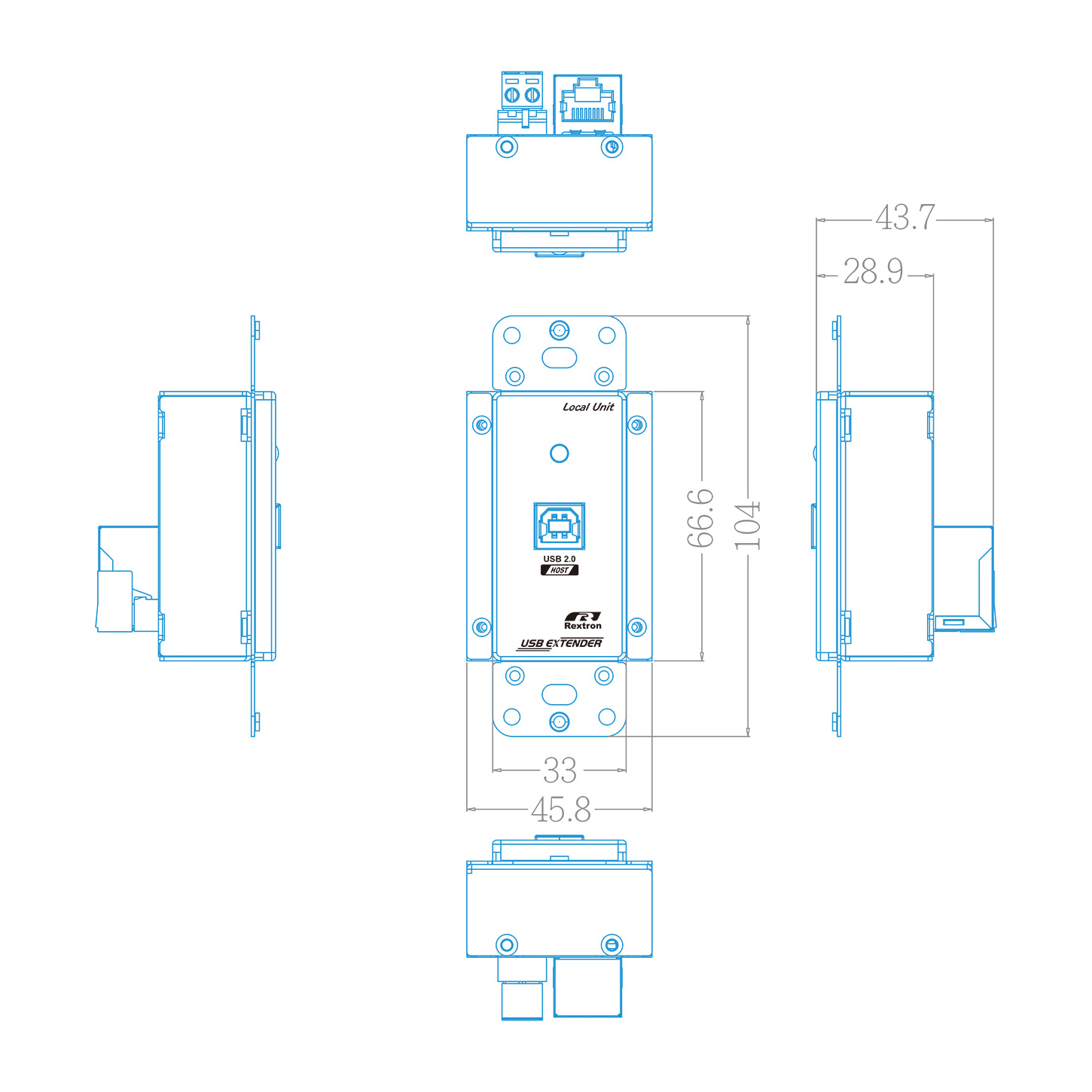 Wallplate USB 2.0 Extender Tx Three-view drawing