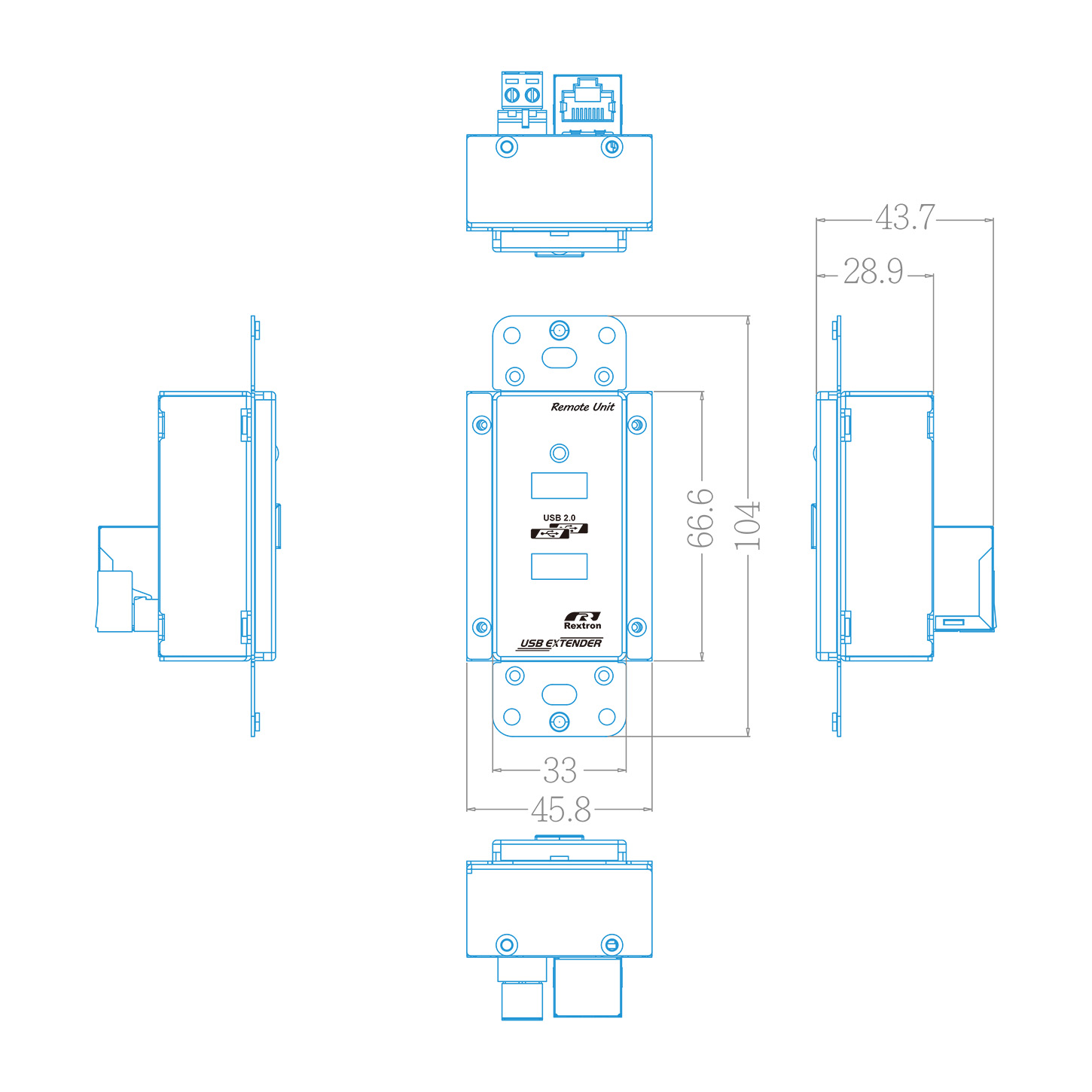 Wallplate USB 2.0 Extender Rx Three-view drawing