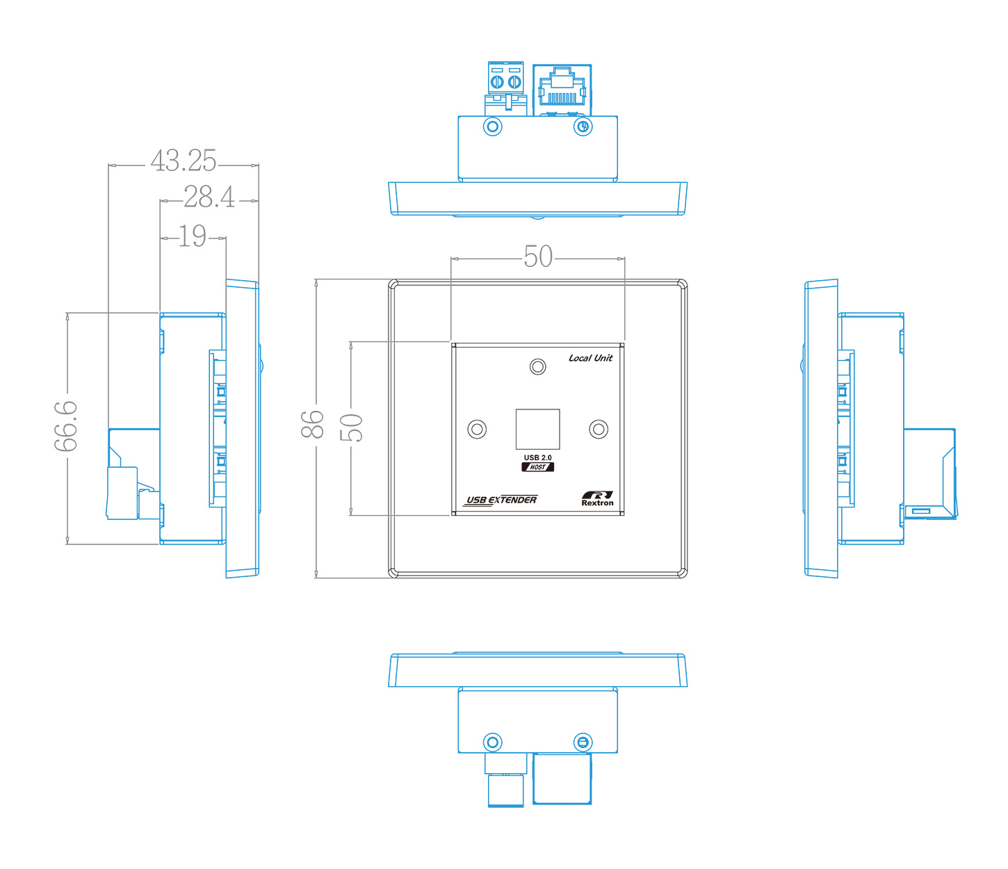 European Wallplate USB 2.0 Extender Tx Three-view drawing
