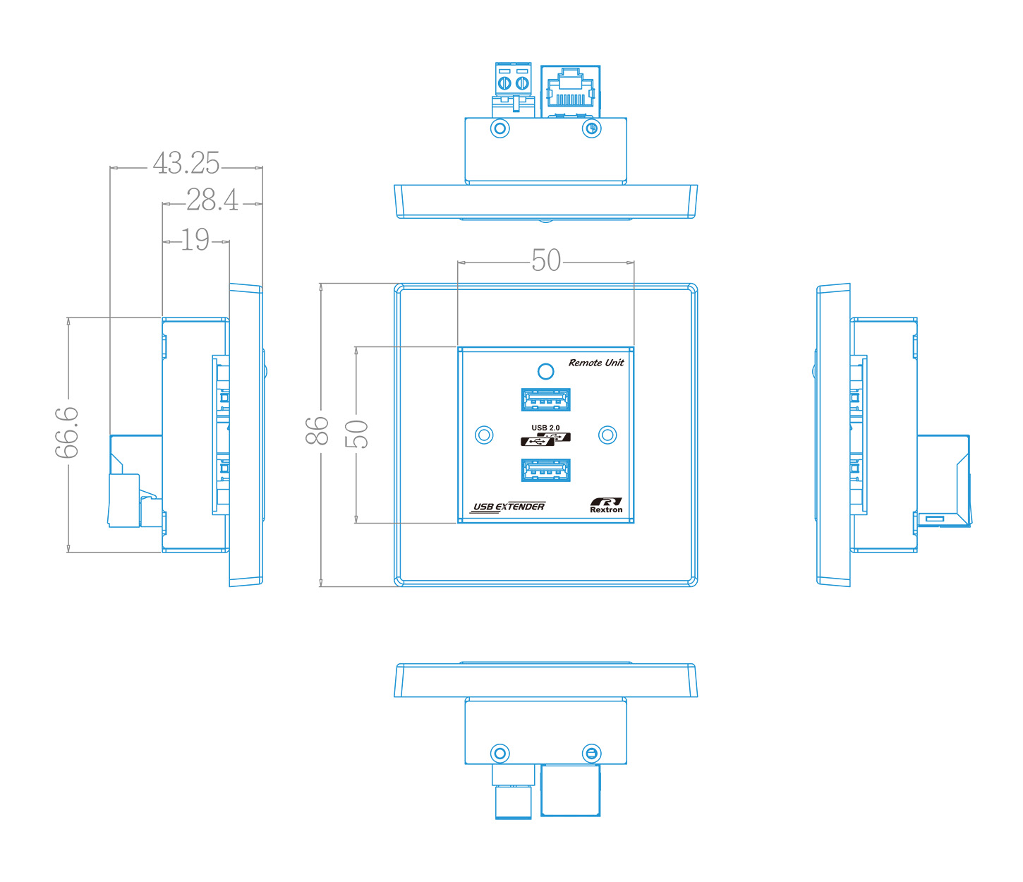 European Wallplate USB 2.0 Extender Rx Three-view drawing